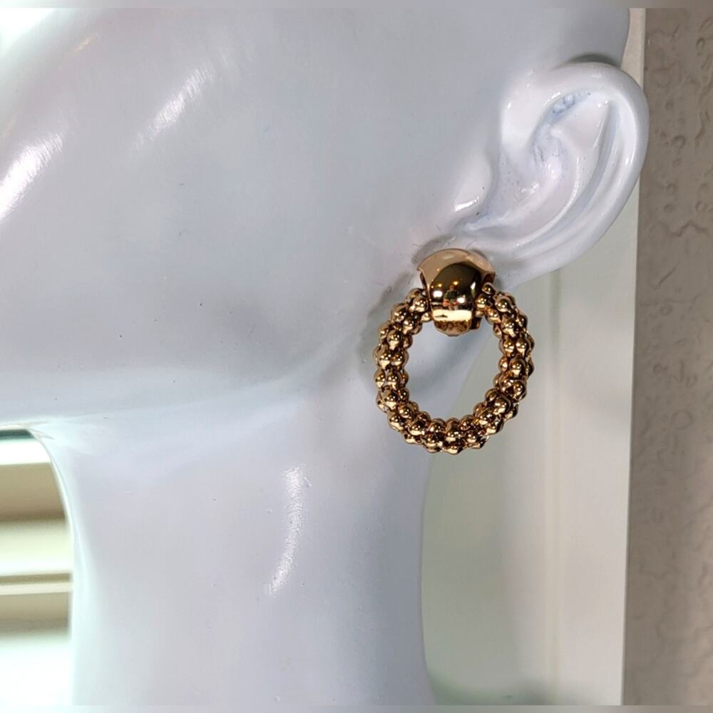 90s Revival Beaded Gold Circle Earrings - Door Knocker Style - Picture 2 of 7